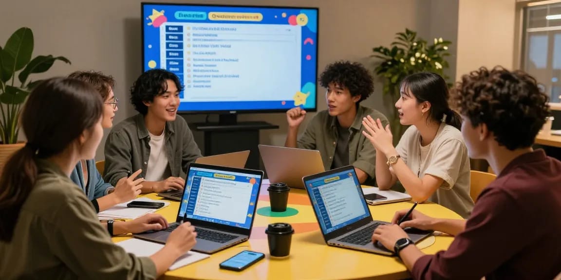 Interactive scene of a trivia group participating in an online Quiz Allgemeinwissen game, engaging and energetic atmosphere.