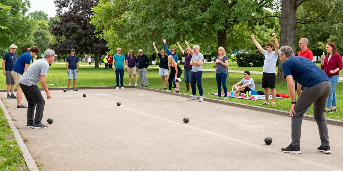 Permainan petanque di taman dengan fopikotabanjarma.org, pemain fokus melempar bola, suasana ceria dan ramai.