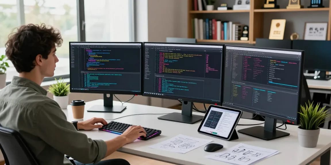 Developer programming on multiple screens in a modern workspace showcasing bdtjl technologies and coding.