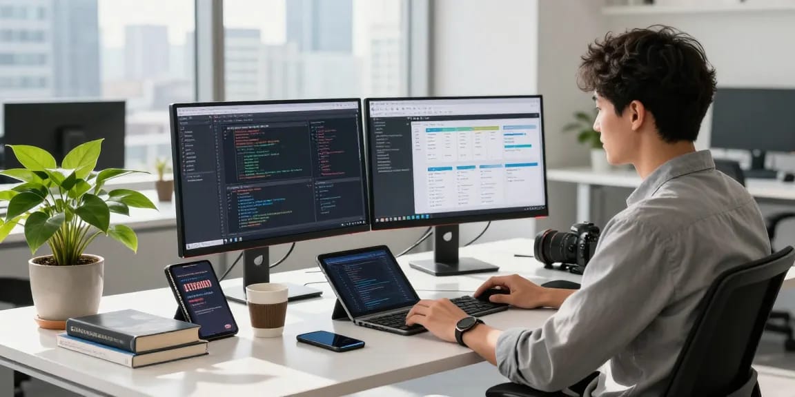Professional workspace featuring coding interfaces on monitors, emphasizing 纸飞机官网 innovation in tech development.