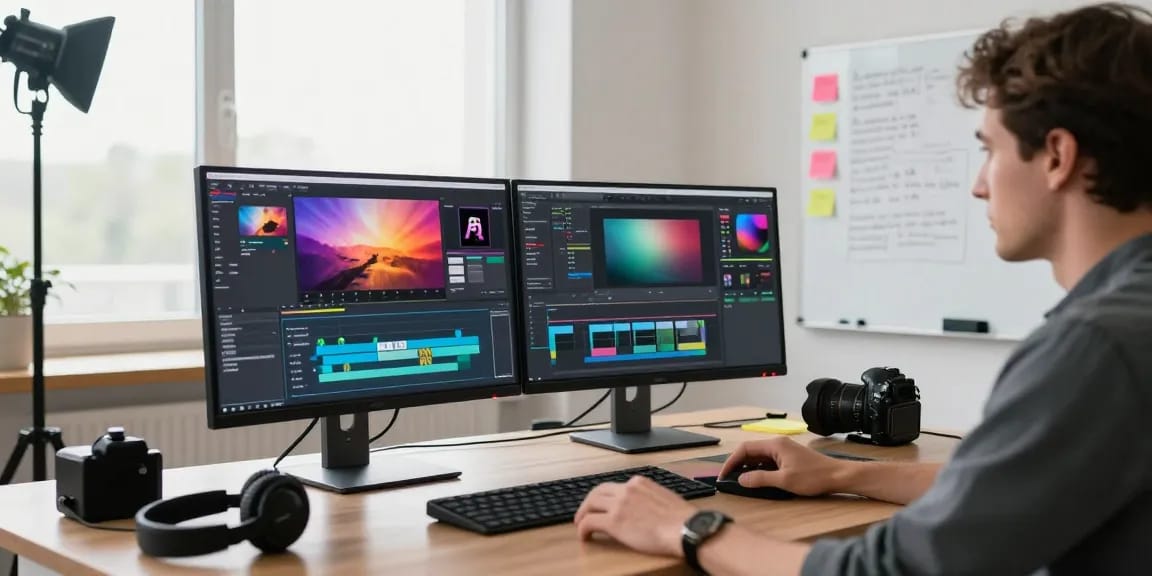 Videographer engaged in Adobe Premiere Pro training course in a modern editing studio with dual monitors.