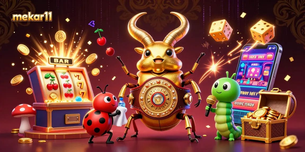 Spin the reels at mekar11 with vibrant characters and casino elements in a dynamic illustration.