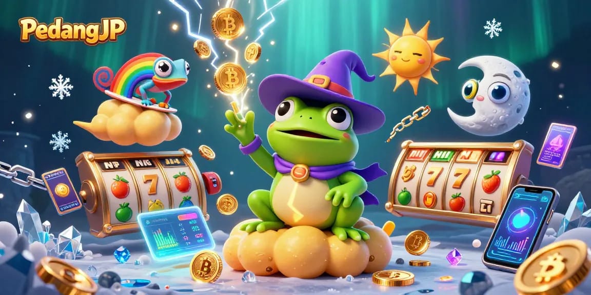Menangkan jackpot di PedangJP dengan gambar wizard katak dan chameleon yang memperlihatkan suasana kasino yang penuh keceriaan.