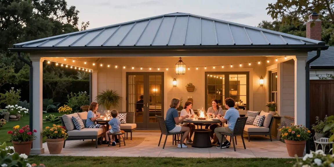 Moderne Terrassenüberdachungen schützen Familie während des Abendessens im Garten.