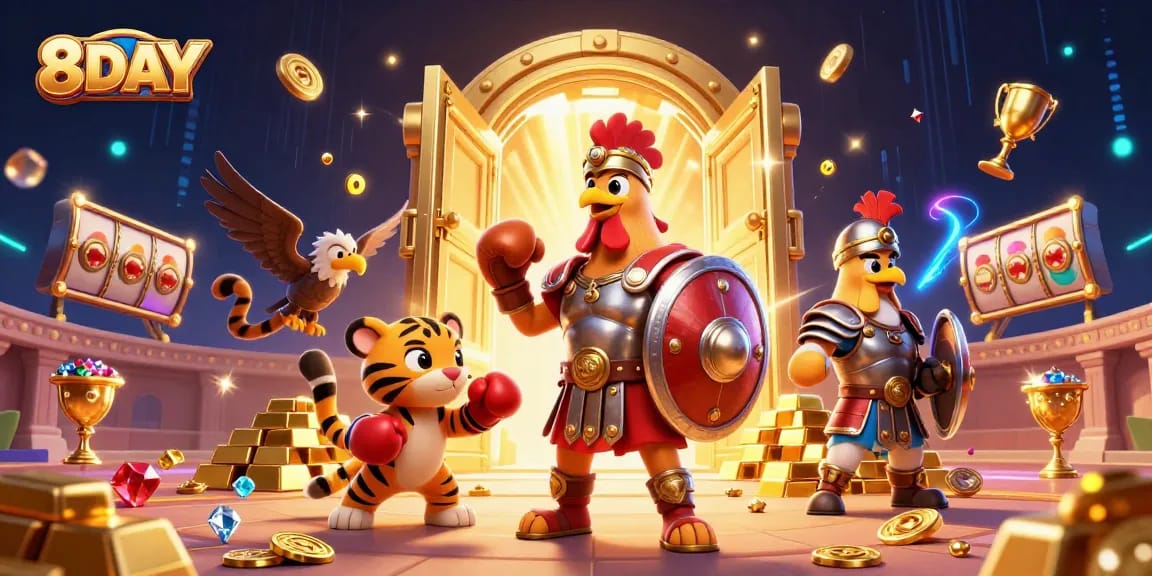 Engage with 8DAY's vibrant casino scene featuring a rooster gladiator and jackpot elements, enhancing your gaming experience.