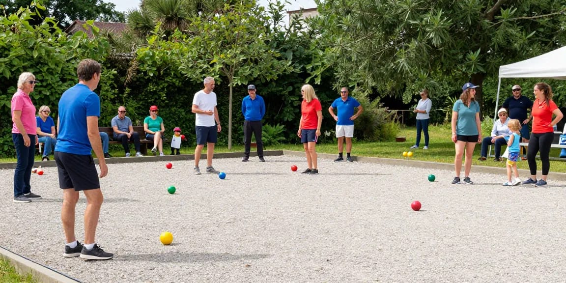Latihan petanque di fopikotabitung.org, pemain lokal berpartisipasi dalam pertandingan ramah dengan batu petanque berwarna-warni di lapangan berkerikil.