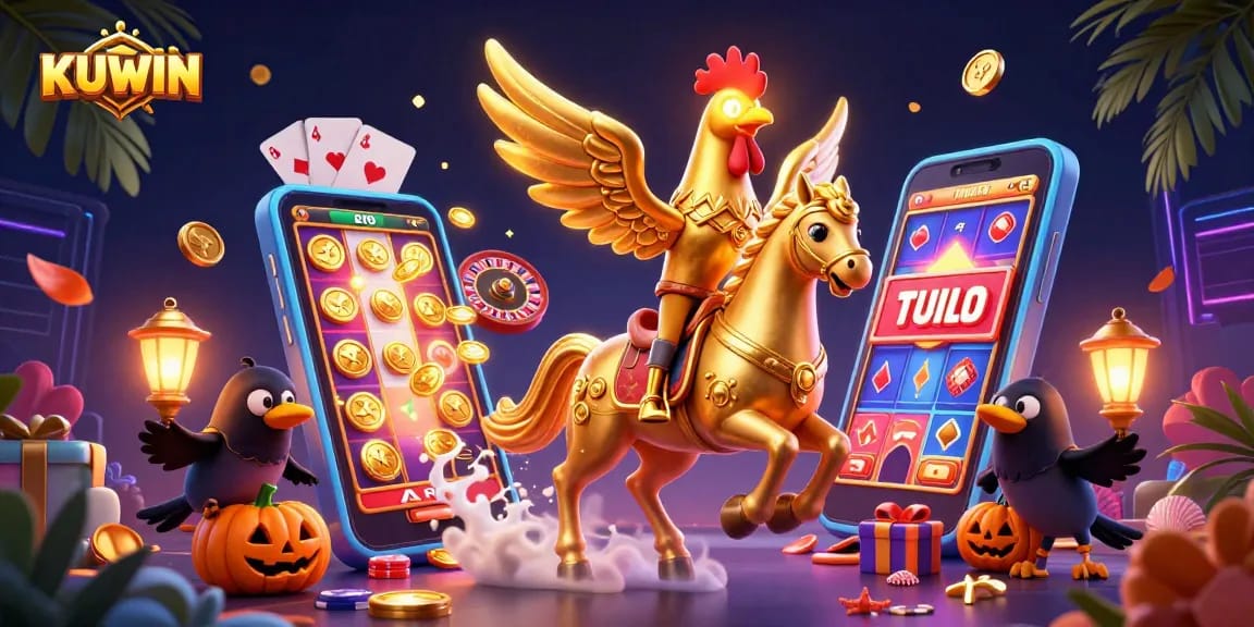 Spin vibrant slot games at KUWIN with a golden rooster mascot in a lively casino scene.