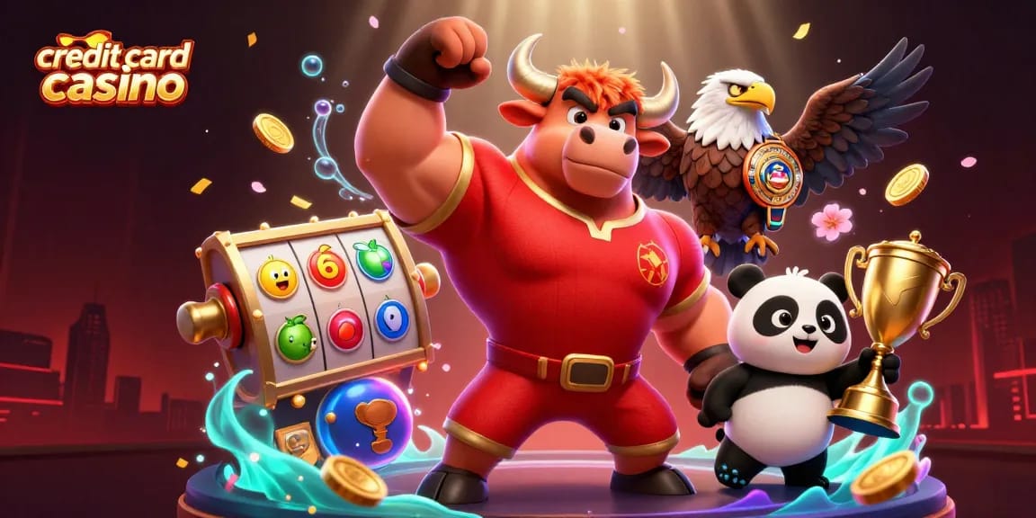 Engage in thrilling gameplay at a credit card casino with dynamic characters celebrating rich bonuses and vibrant gaming elements.