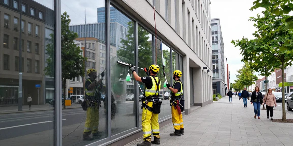 Fensterreinigung Dortmund - Professionelles Team reinigt große Glasfenster in der Stadt Dortmund mit umweltfreundlichen Lösungen.