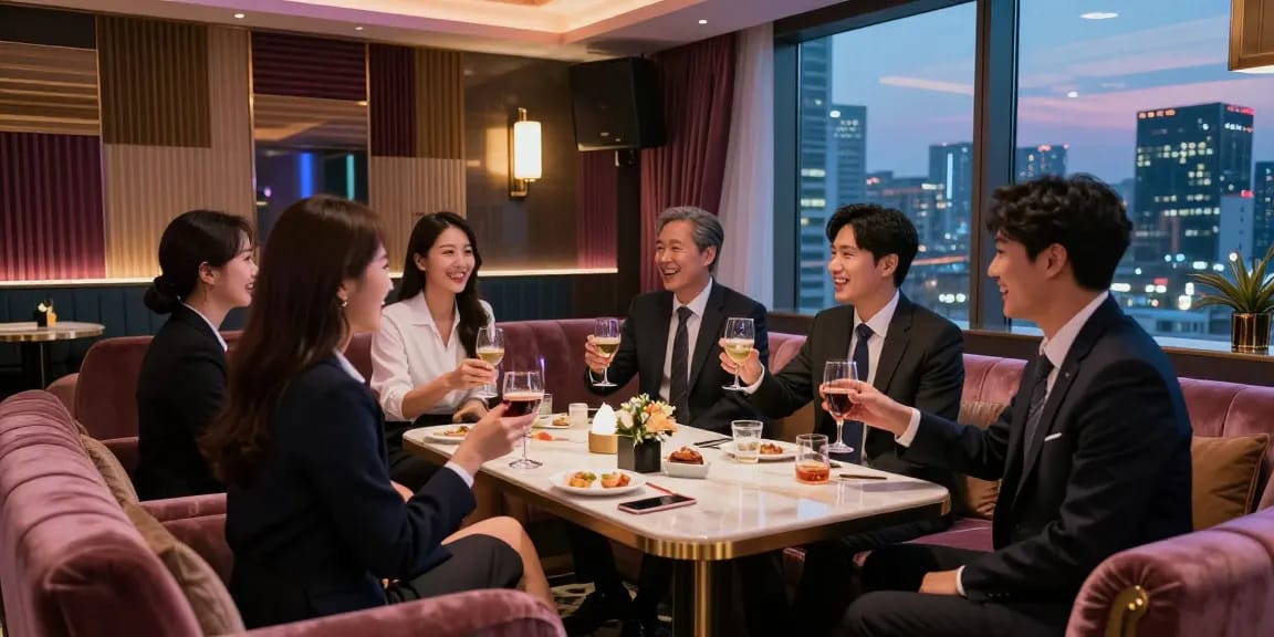 강남쩜오구구단의 고급스러운 라운지 내부에서 비즈니스 미팅을 즐기는 모습과 아늑한 분위기