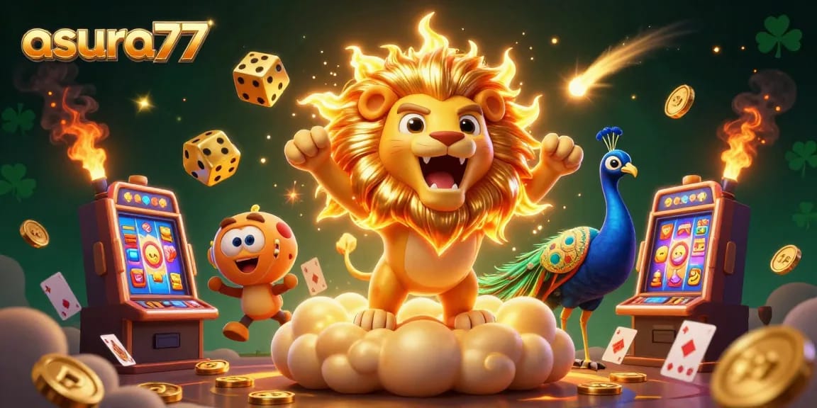 Engage in casino excitement with asura77's vibrant 3D illustration showcasing a triumphant lion, golden dice, and colorful slot machines.