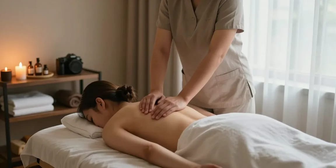 삼성동마사지 전문 마사지샵에서 편안한 마사지 세션을 제공하는 모습