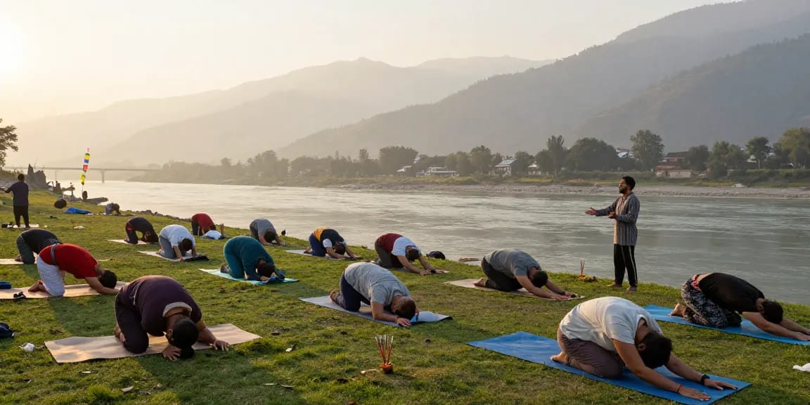 Yoga teacher training in Rishikesh with students practicing poses by the Ganges River at sunrise, embodying serenity and wellness.