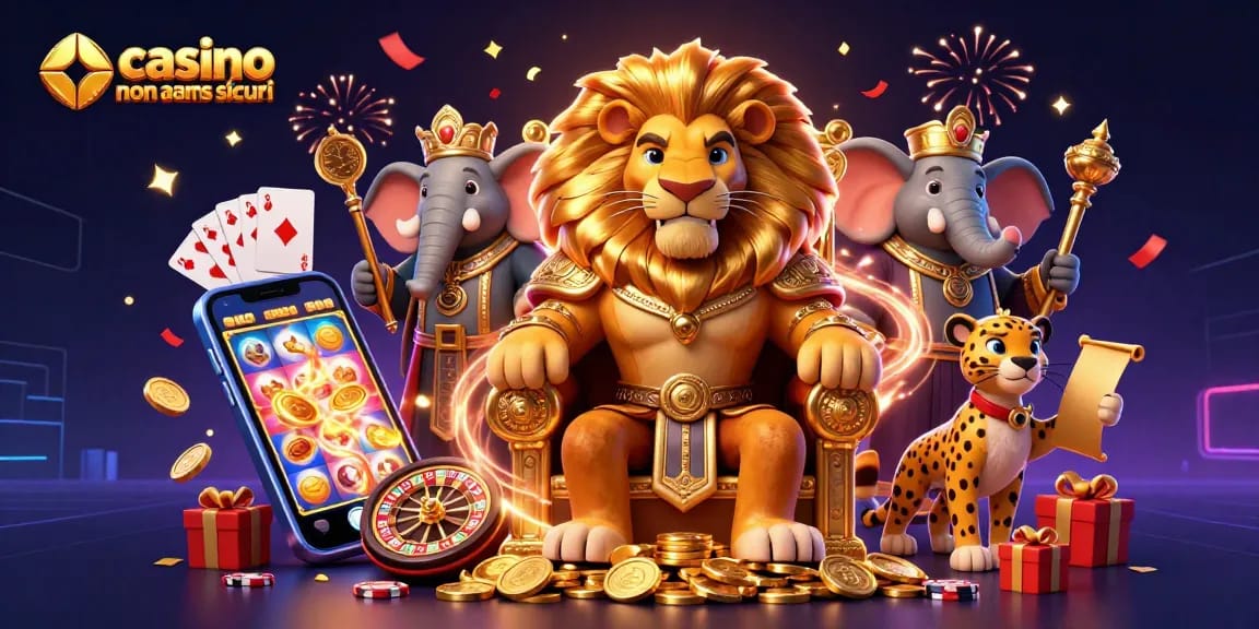 Giocare e divertirsi nei casinò non AAMS sicuri, con personaggi ed elementi da gioco in un'illustrazione digitale vivace.