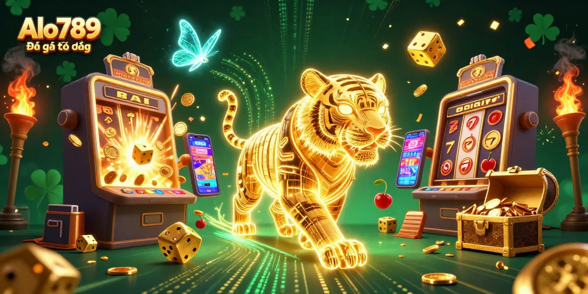 Alo789 Đá gà trực tiếp features a golden tiger in a vibrant casino scene showcasing exciting games and jackpots.