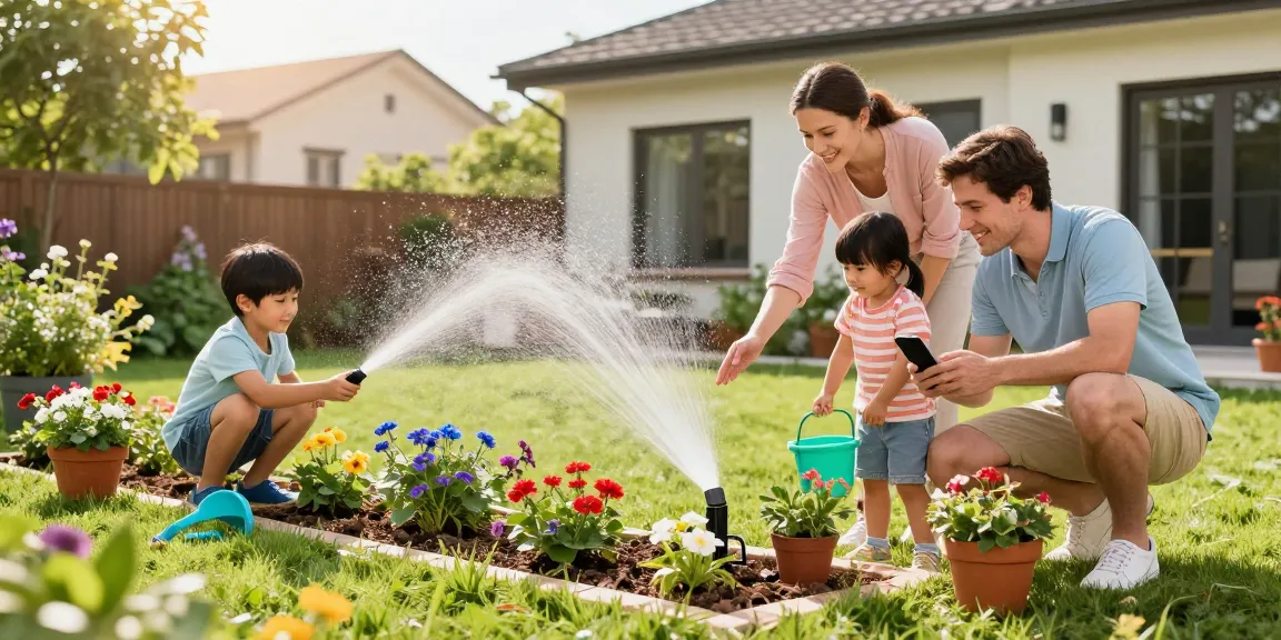 Family using a wifi sprinkler controller in a sunny garden, optimizing plant care.