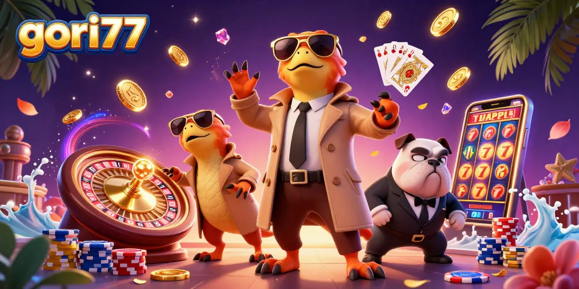 Engaging scene with gori77, raptors sneaking into a casino, amidst dazzling slot game elements.