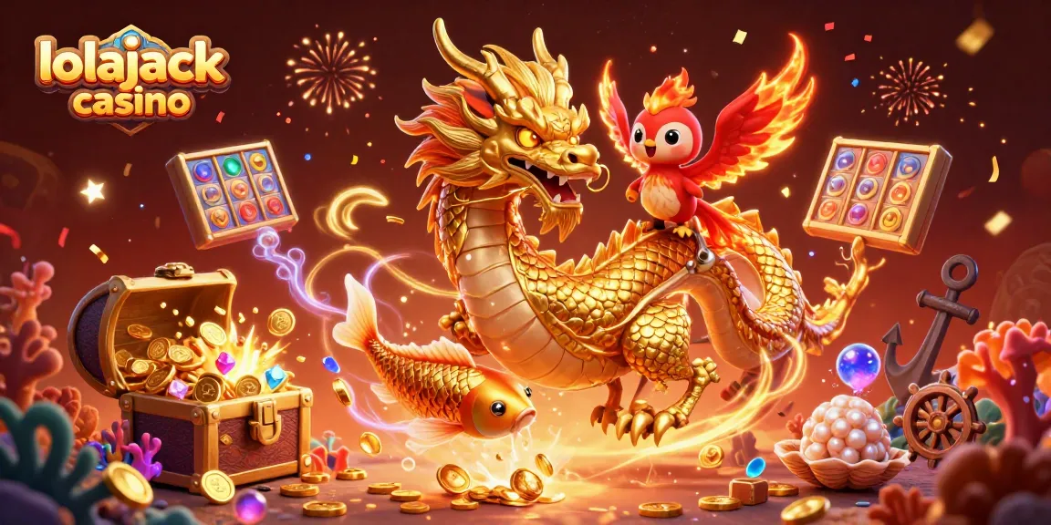 Experience the excitement at lolajack casino with a dynamic 3D illustration of a golden dragon and phoenix.