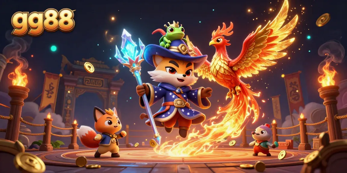 Engage in astounding gaming at gg88, featuring a mystical fox wizard and a phoenix amidst dazzling casino elements.