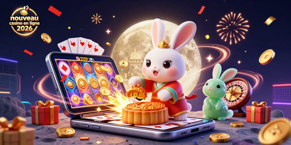 Nouveau casino en ligne 2026 : Des lapins lunaires célébrant avec des jetons de poker et des jeux de hasard.