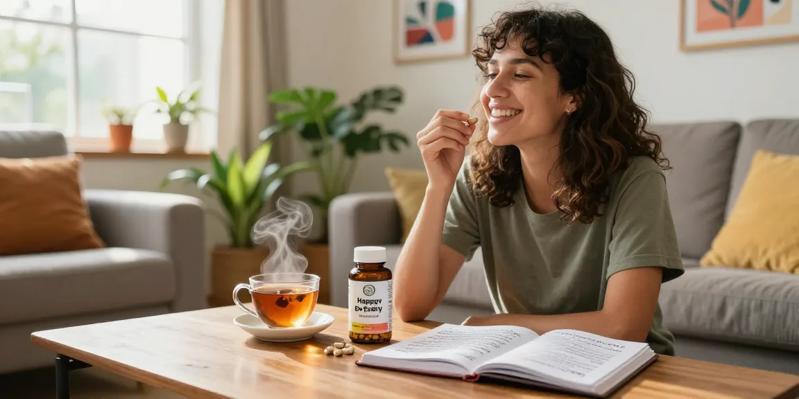Happy Go Leafy user enjoying Kratom capsules in sunlit room with wellness décor.