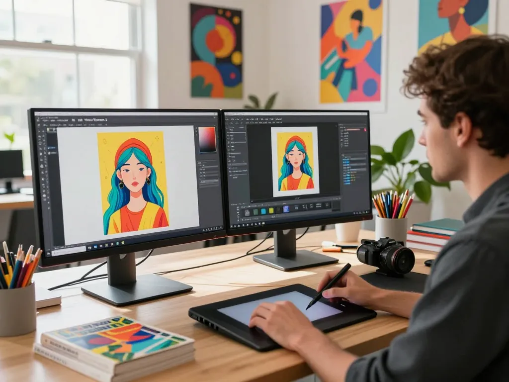 Dynamic workspace with a designer using Nano Banana 2 AI tools to create stunning visuals, showcasing vibrant AI-generated images and a creative atmosphere.