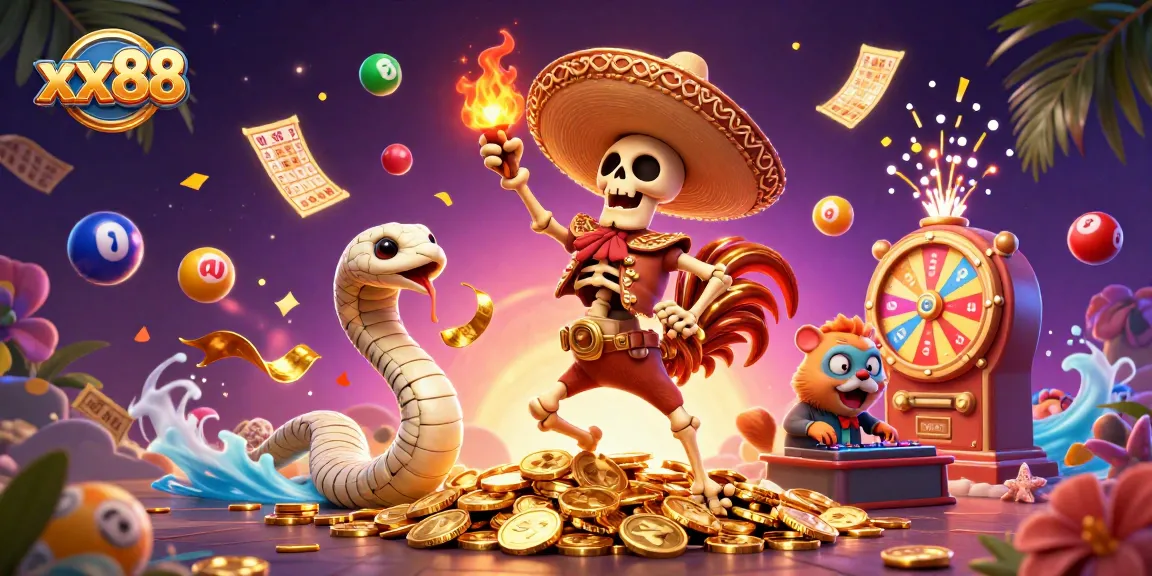 Experience the fun of xx88 with a vibrant 3D scene of a lively skeleton mariachi and colorful casino elements.