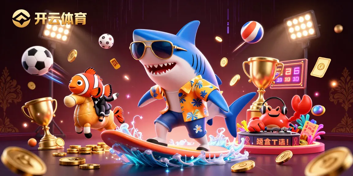 Engage with exciting games on 开云体育 while a shark surfs on gold coins under dynamic sports elements.