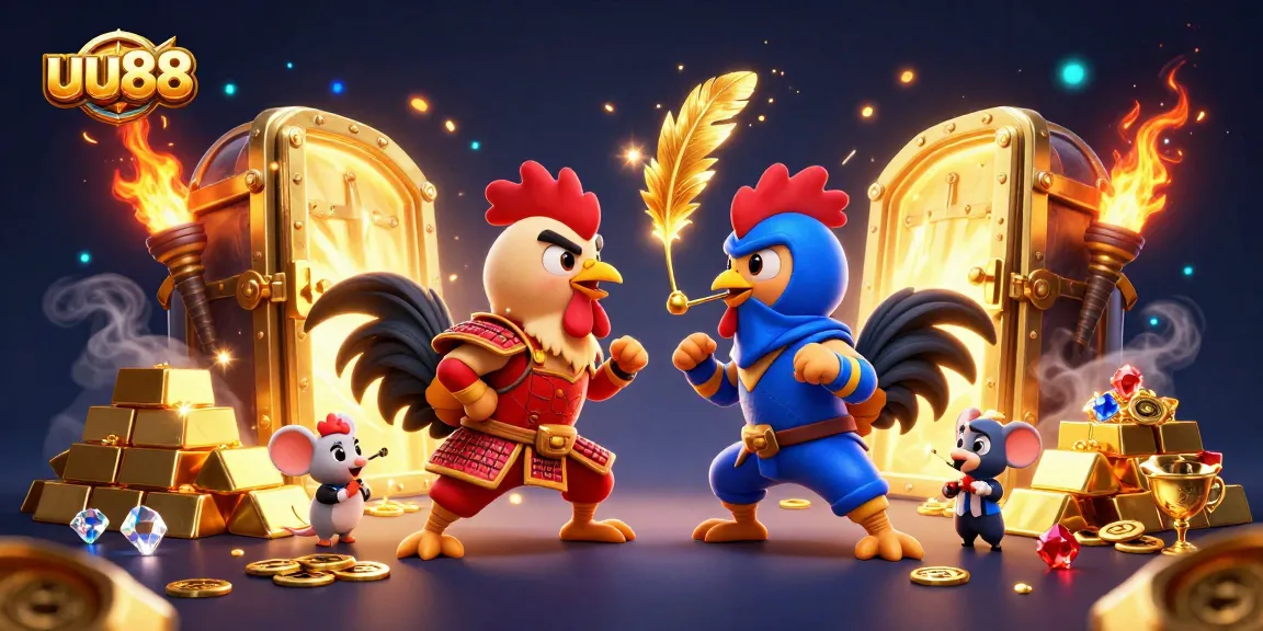 Engage in thrilling battles with uu88's fighting roosters in a 3D casino showdown.