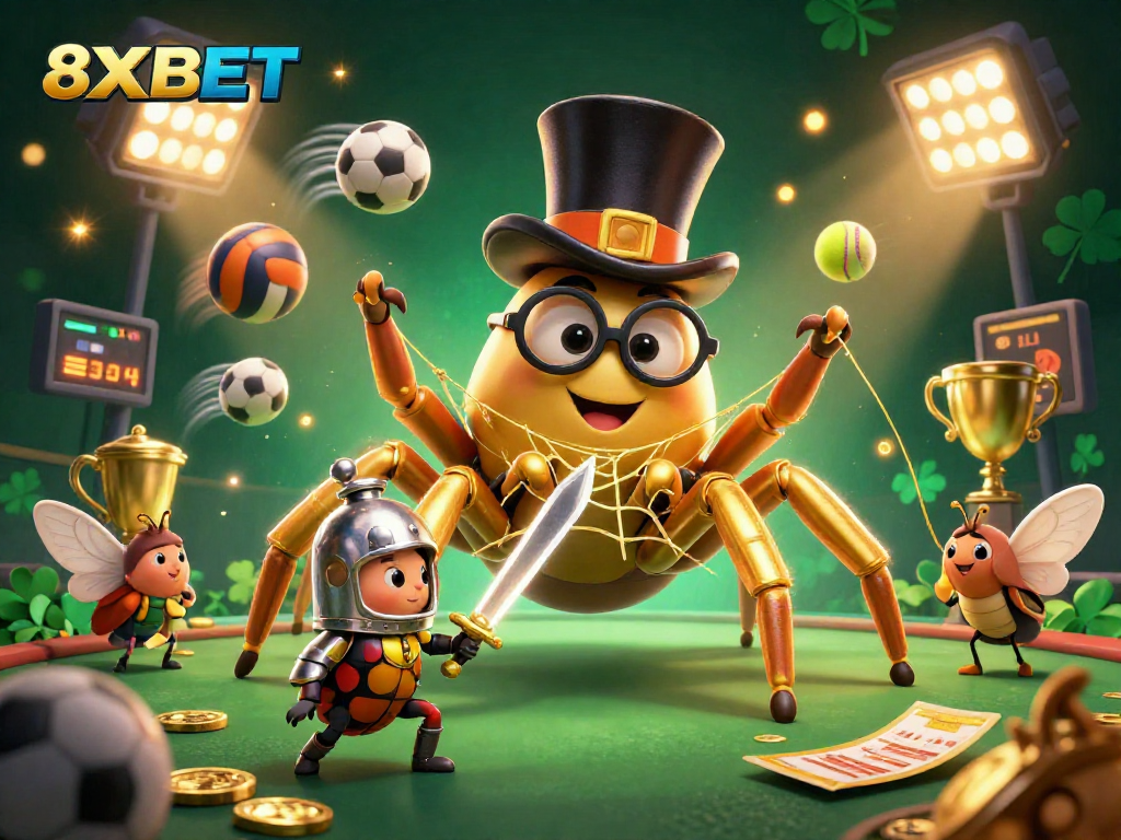 Engage with the 8XBET universe as a playful tarantula weaves a golden thread amidst thrilling sports elements.