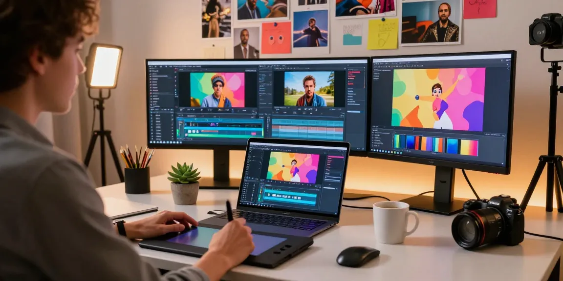Turn a photo into a video with a content creator in a vibrant design studio editing on sleek equipment.