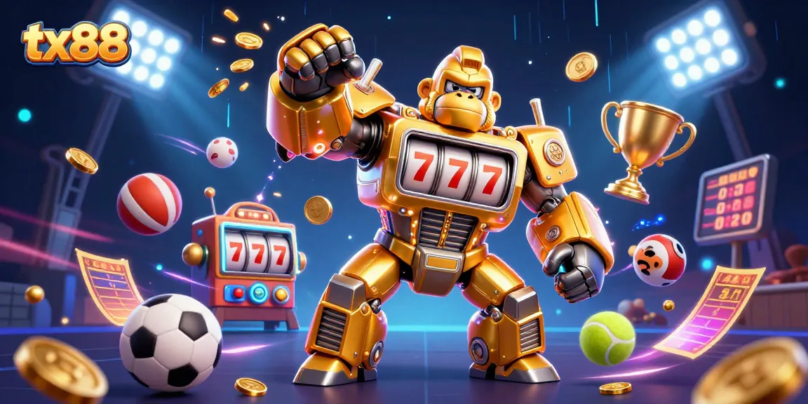 Experience excitement and rewards at tx88 with a dynamic robotic gorilla slot machine illustration.