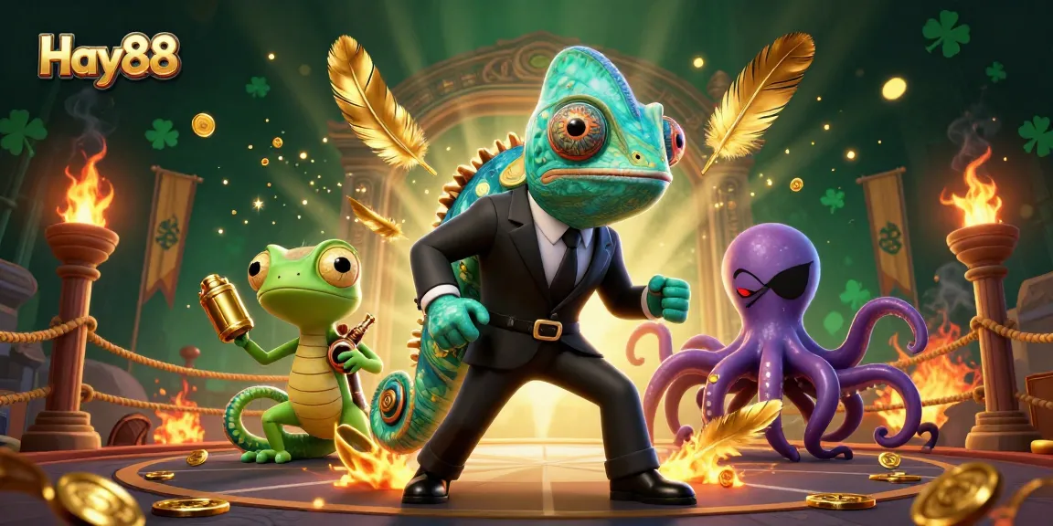 Experience the excitement at Hay88 with a dynamic illustration of a secret agent chameleon, gadgets, and gold coins.