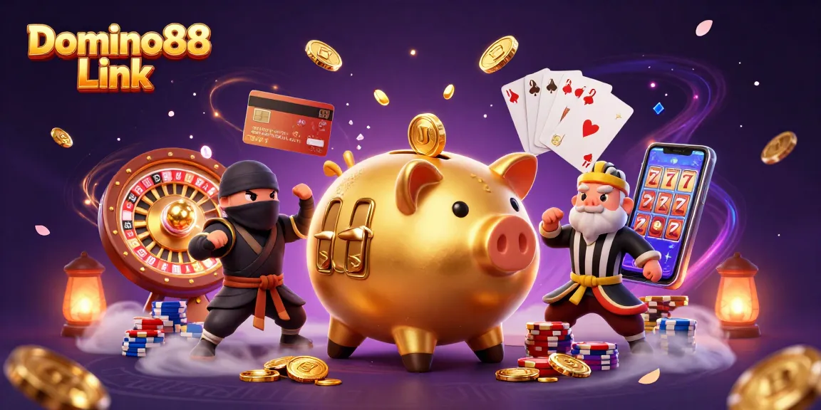 Spin to win with Domino88 Link featuring a dynamic scene of characters celebrating in a casino.