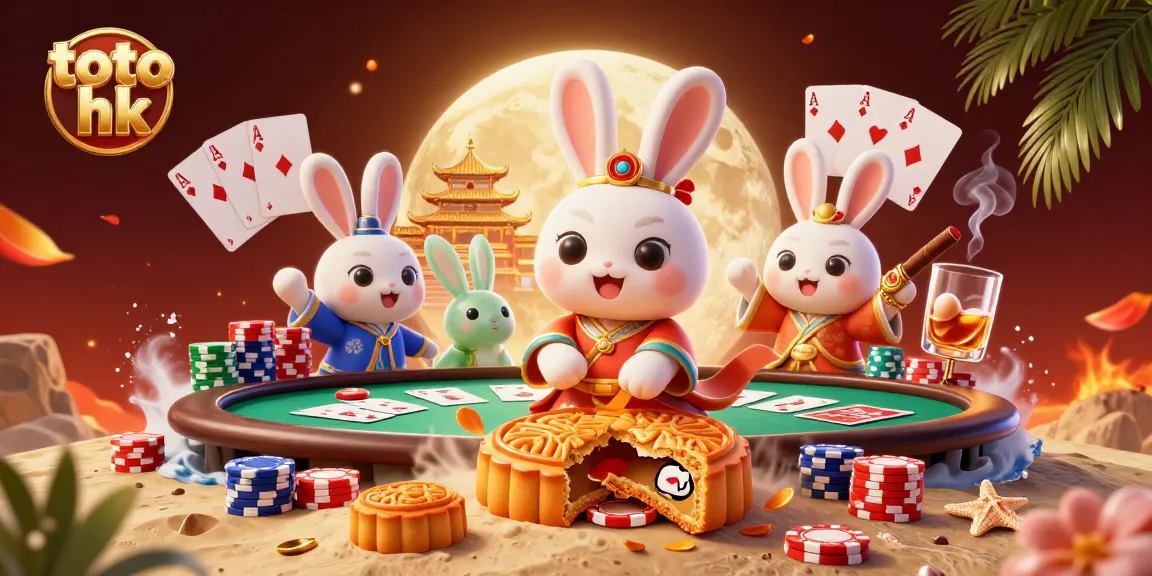 Bermain toto hk dengan kelinci bulan dan chip poker dalam ilustrasi atraktif.