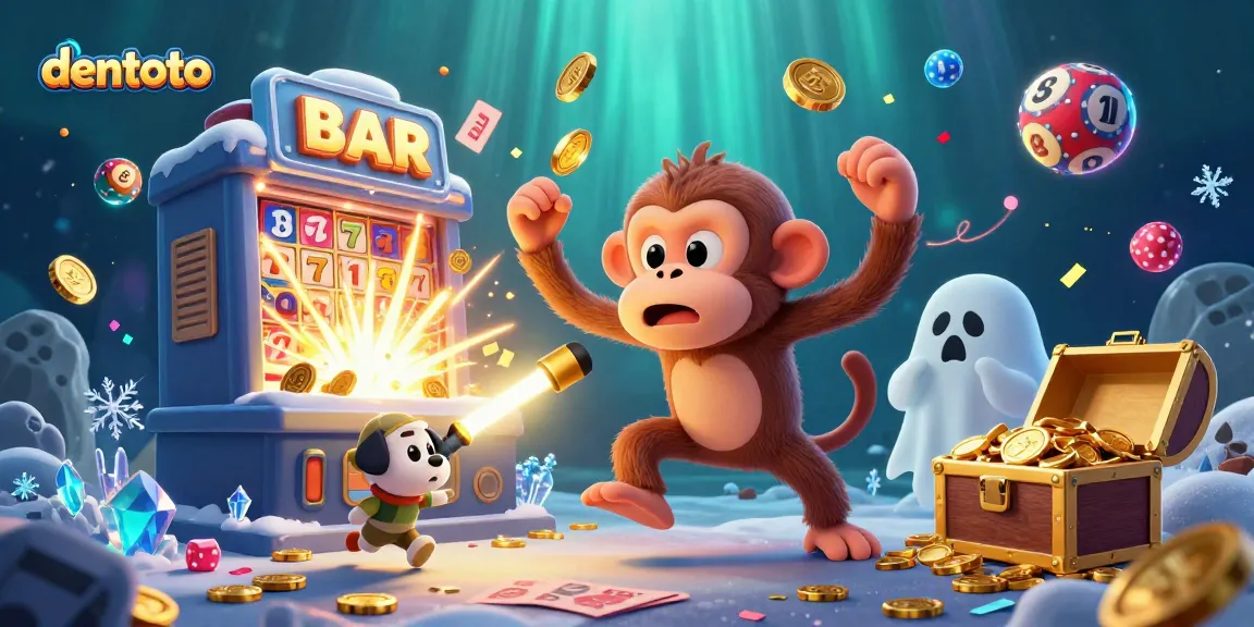 Experience the thrill of dentoto lottery excitement with a playful monkey juggling golden coins in an enchanting scene.