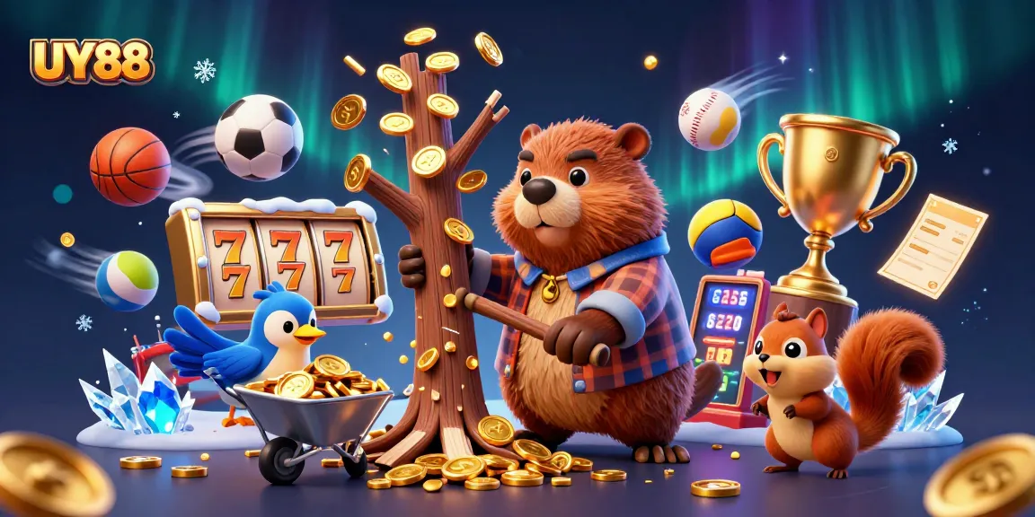 Engage with UY88 as a beaver chops a tree raining gold coins, surrounded by thrilling casino elements.
