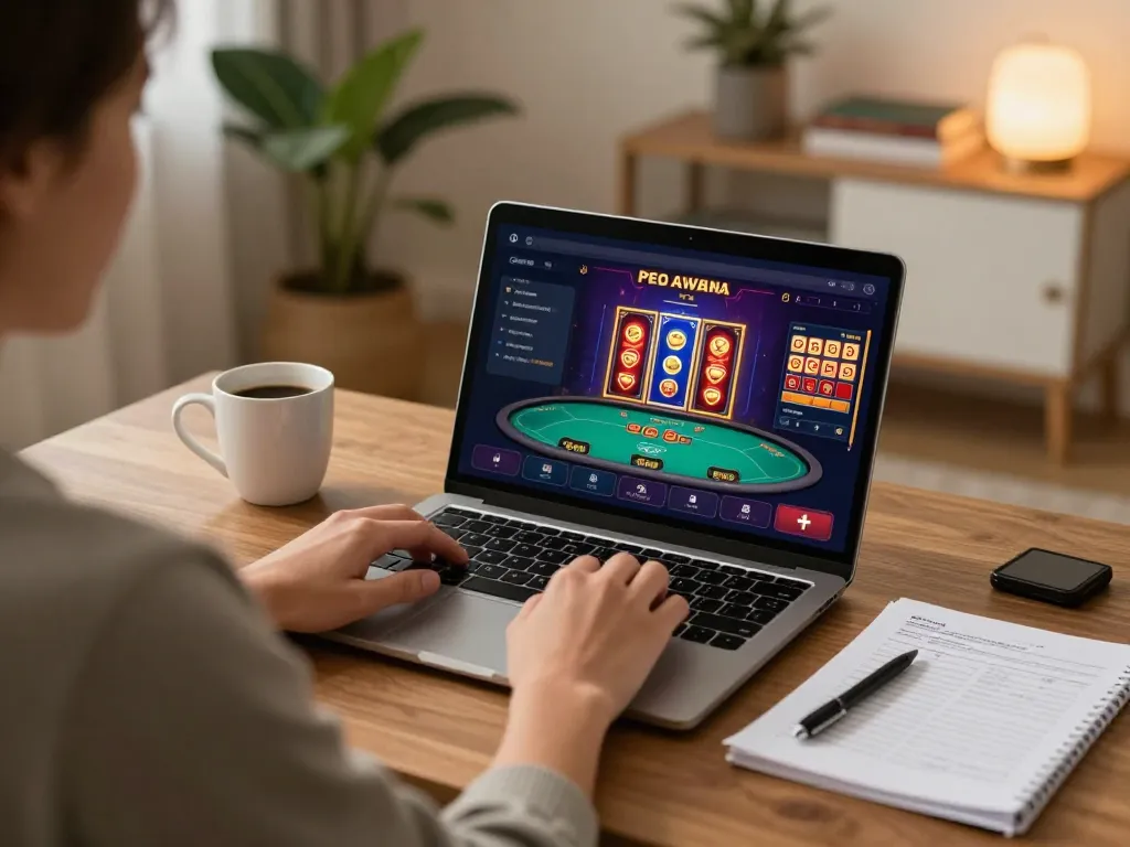 Engaging in online kubet gaming at home with laptop showcasing slot and poker games.