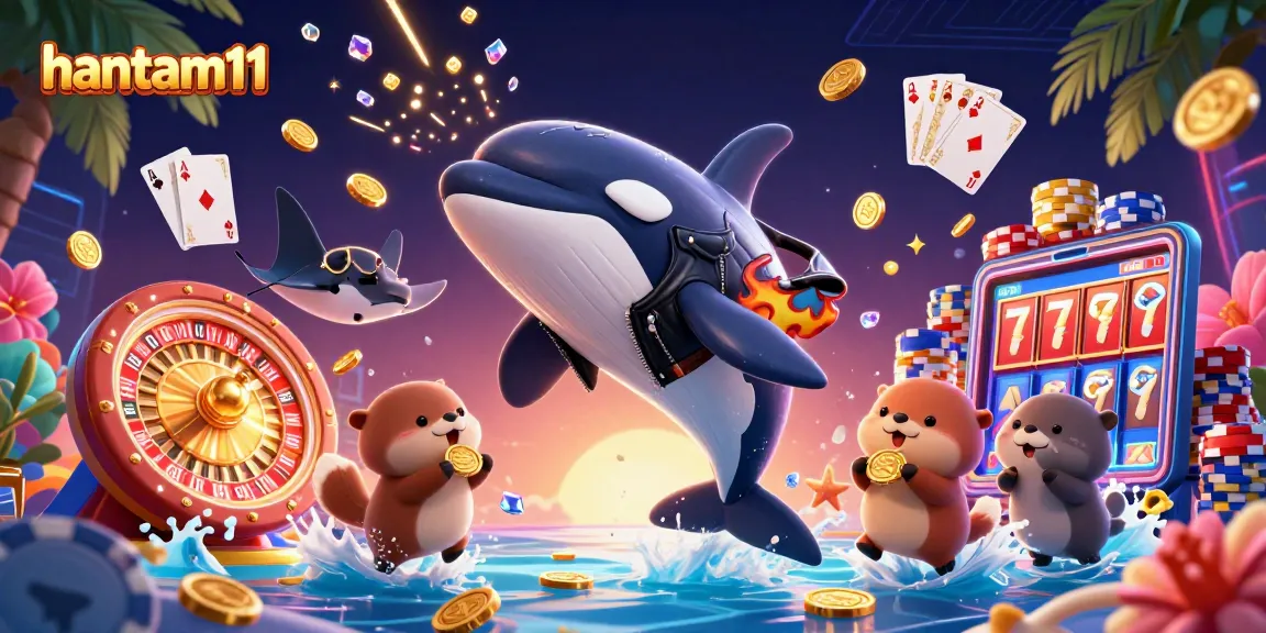 Engage in thrilling gameplay at hantam11 with orca and otters amidst golden coins and vibrant casino elements.