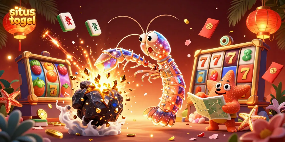 Experience situs togel with an exciting 3D scene of a galactic mantis shrimp and a starfish surrounded by casino elements.