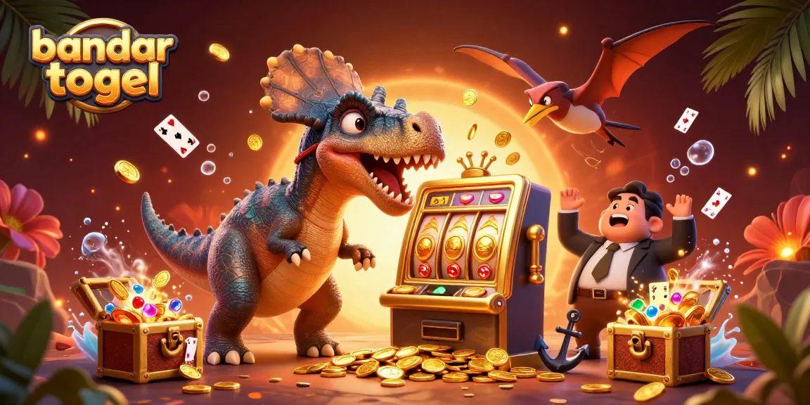 Experience thrilling jackpots at bandar togel with vibrant 3D animated dinosaurs celebrating wins.