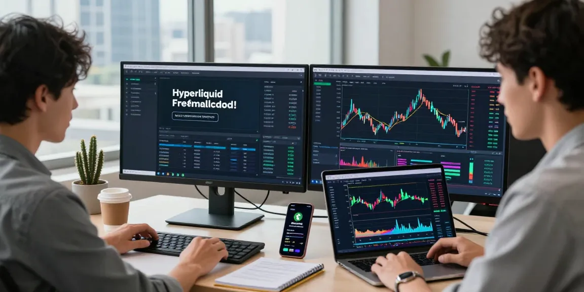 Dynamic workspace with a professional using Hyperliquid referral code (8000USDT) for crypto trading analysis.