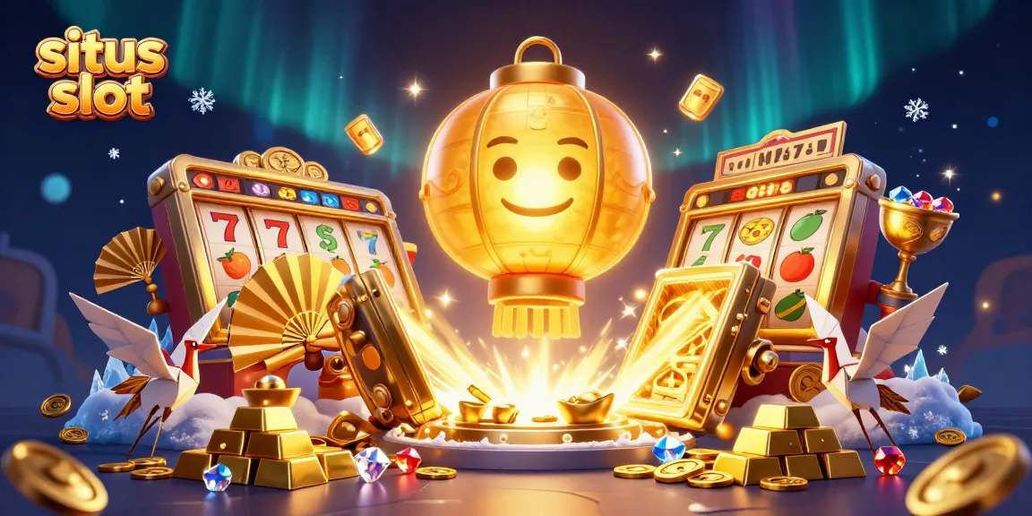A mesmerizing 3D digital illustration showcasing situs slot with a glowing lantern spirit, slot reels, and treasure elements illuminating a night market casino.