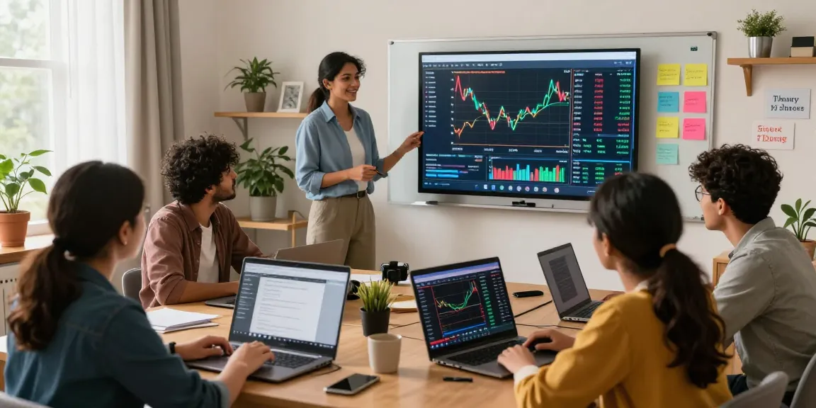 Students participating in an online trading course in India, learning from a live teacher with charts.
