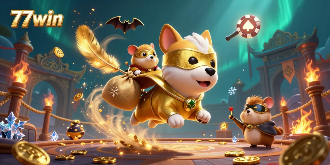 77win showcases a thrilling casino scene featuring a superhero dog with a bag of gold coins amidst dynamic gambling elements.