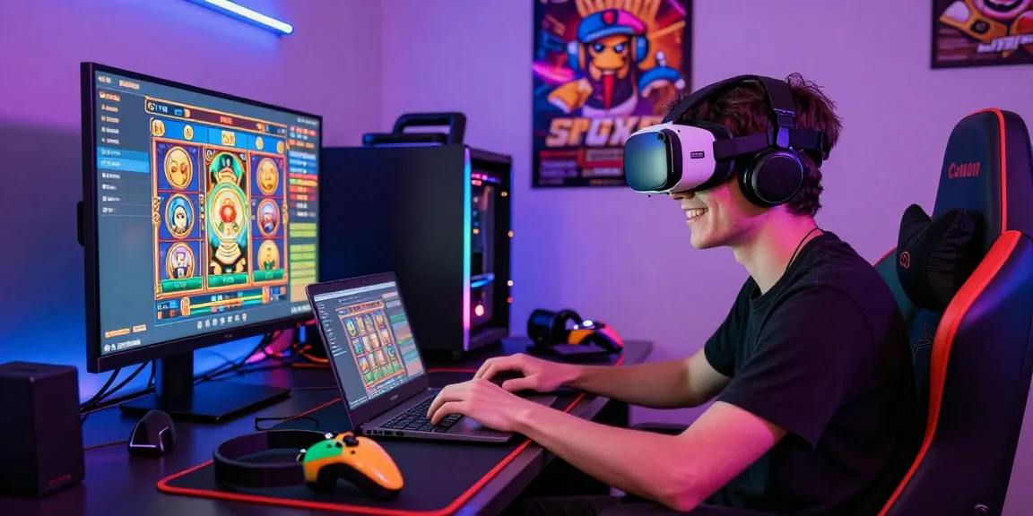 Pengguna DIANA4D bermain slot dengan semangat, dikelilingi perangkat gaming yang menarik.