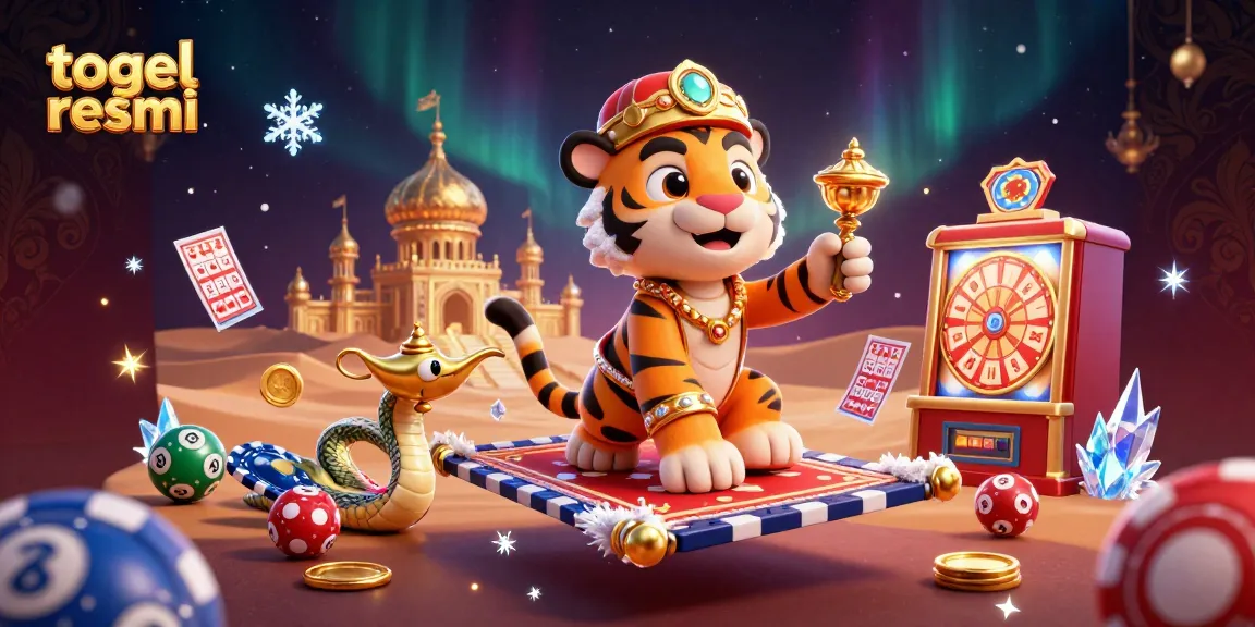 Gambaran togel resmi dengan lotere, kartu bingo, dan elemen permainan dalam ilustrasi 3D yang dinamis.