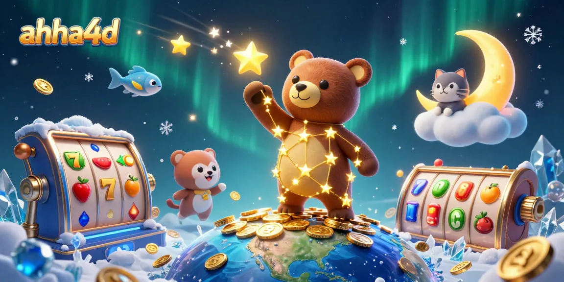 Engage with ahha4d's captivating gaming experience featuring slot reels and whimsical celestial characters.