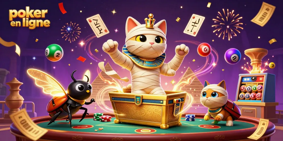Jouez à poker en ligne avec l'humoristique chat momie et ses éléments colorés de casino.
