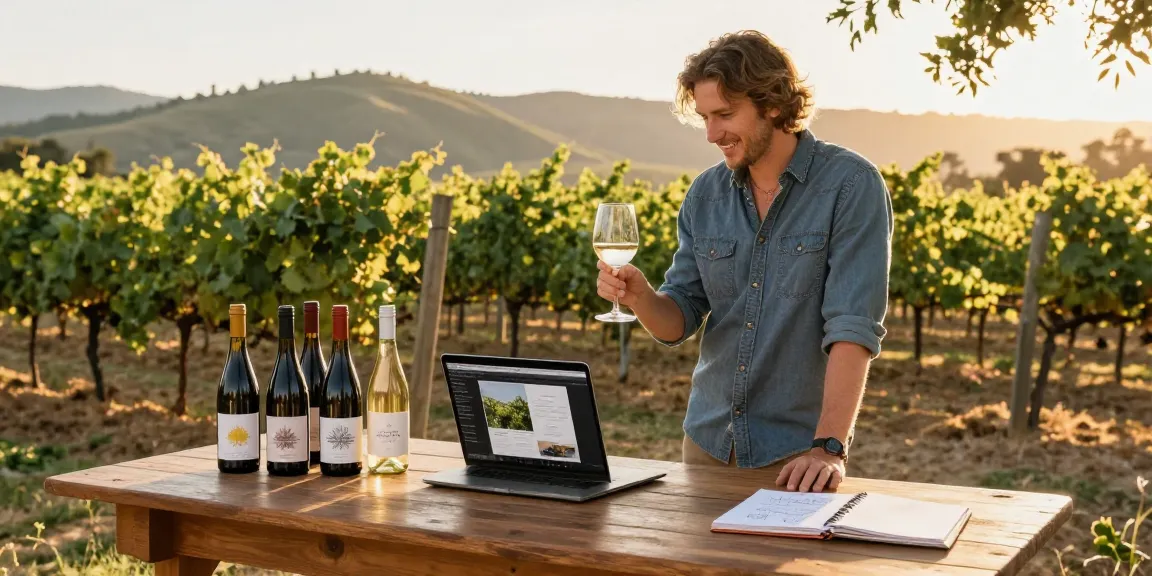Entrepreneur launching a white label wine brand at vineyard with custom labels and laptop in Temecula Valley
